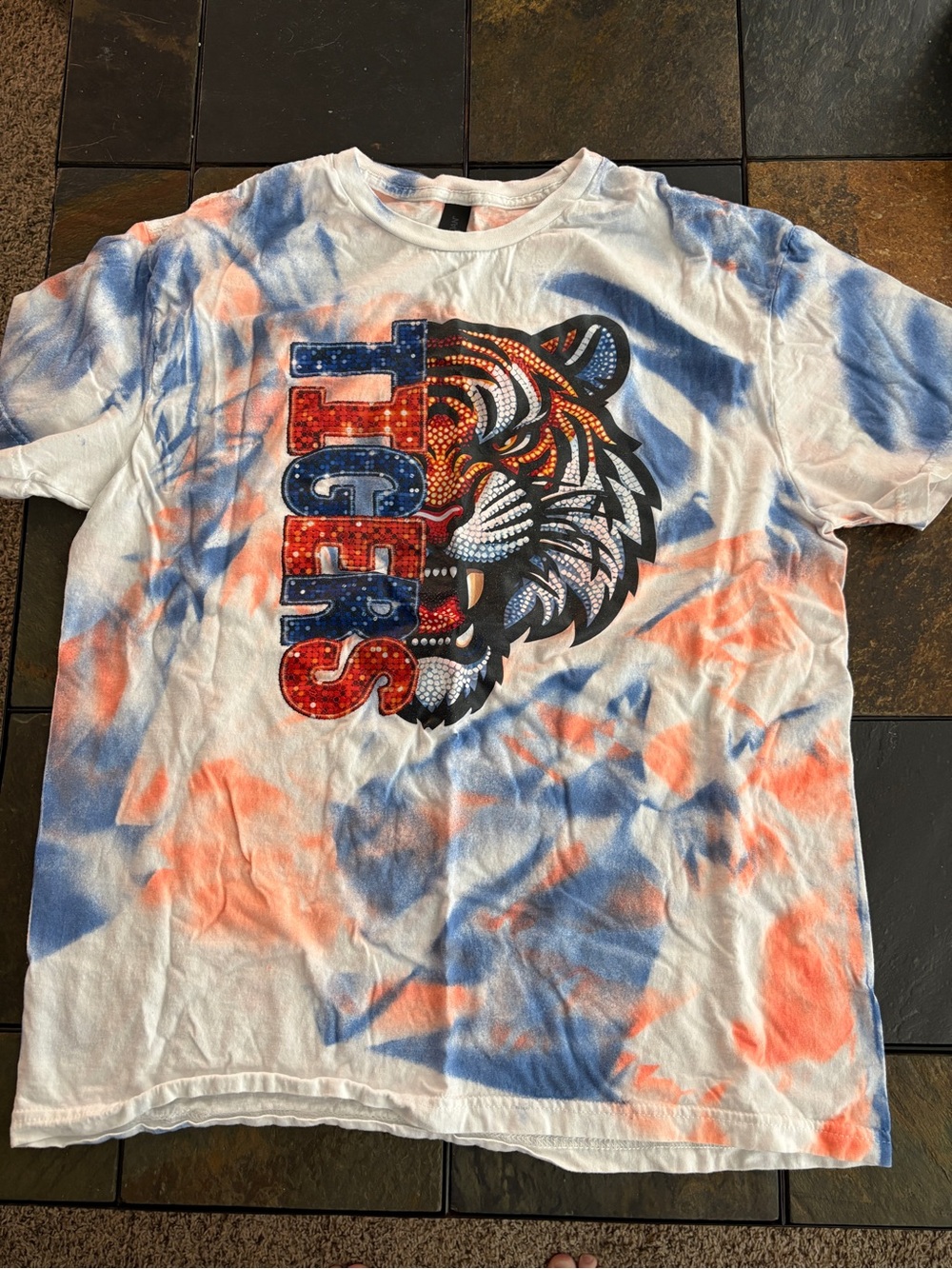 Gildan White Tie-Dye Tigers Graphic Tee with Blue & Orange